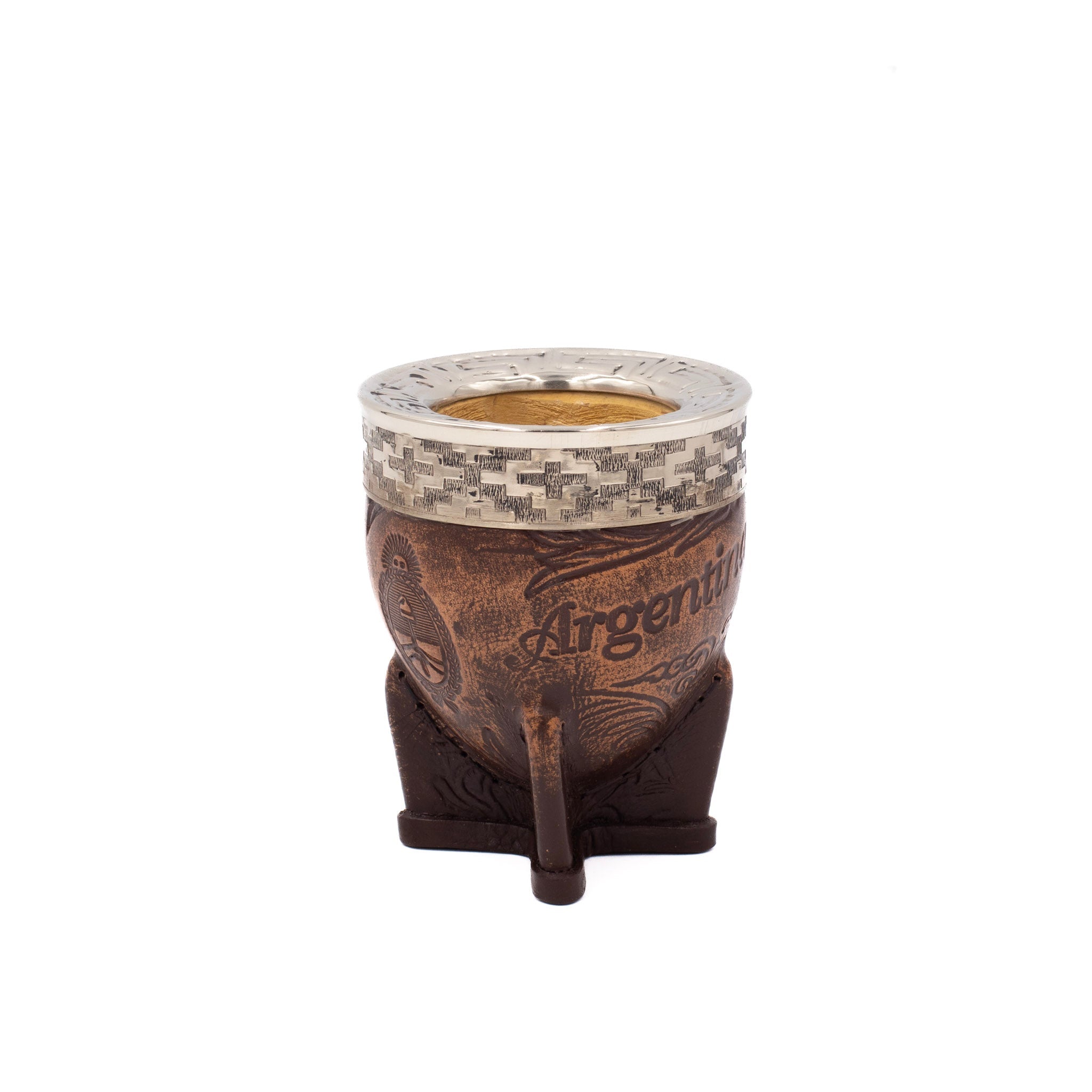 calebasse baroque en cuir gravé “Argentina” avec virole en alpaca ciselée sans bombillon