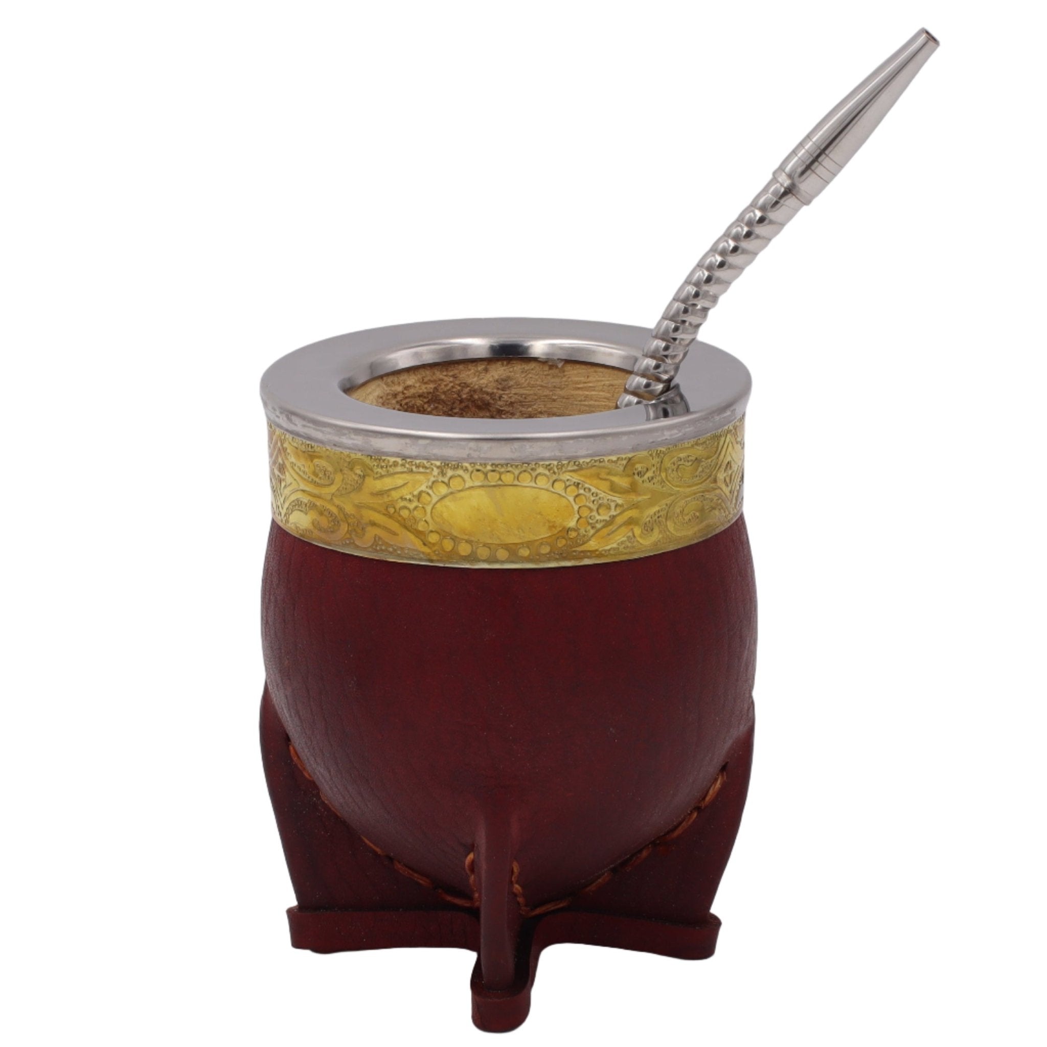 Calebasse Impériale "Duo" — Cuir Bordeaux, Virole Lisse & Bronze - El Gaucho