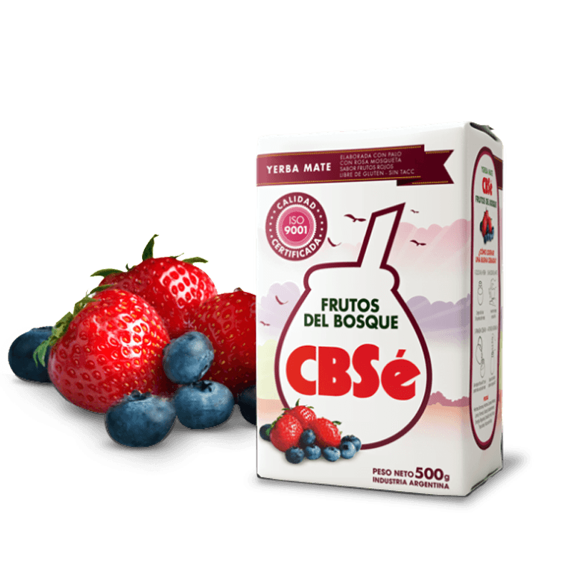 Paquet de 500g CBSé Fruits des Bois yerba mate aromatisée aux fruits rouges, emballage coloré rouge et violet avec illustrations de baies, produit d'Argentine
