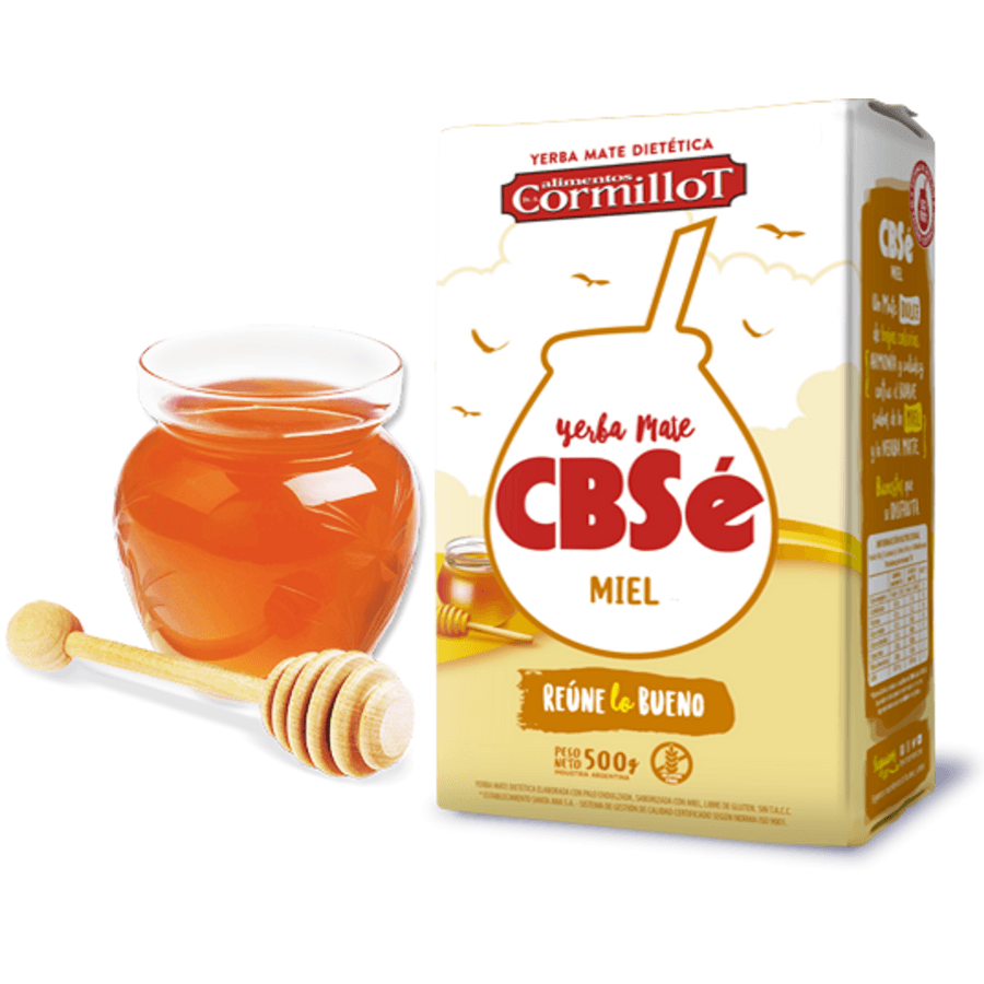 Paquet de 500g CBSé Miel yerba mate sucrée au miel, emballage jaune et doré avec illustrations d'abeilles et ruche, produit d'Argentine