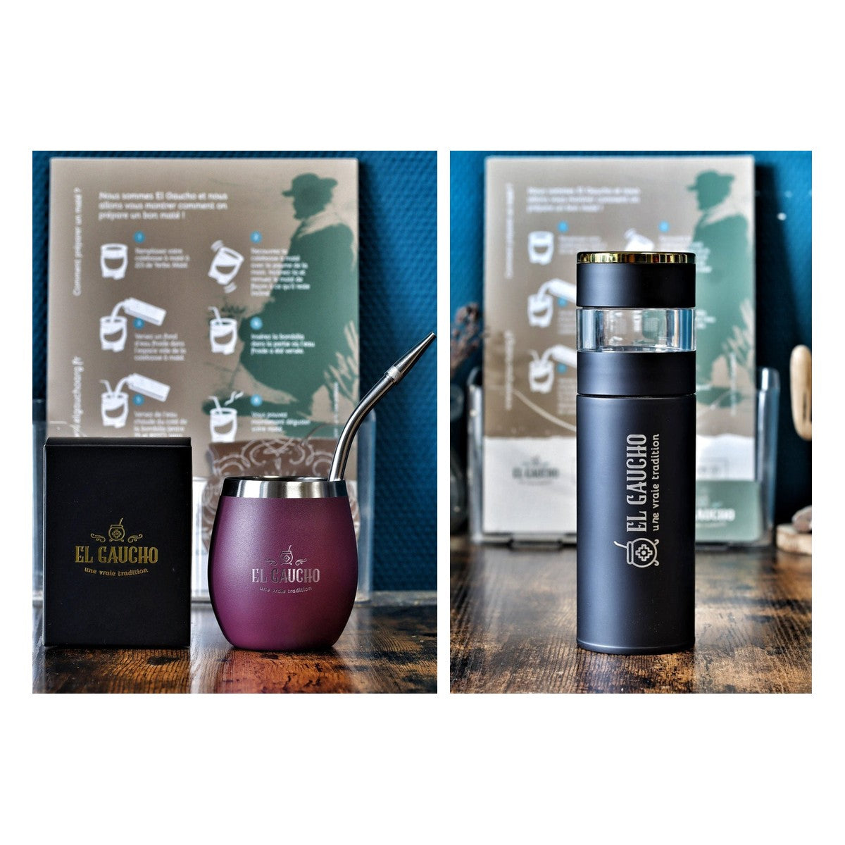 Duo maté Élite Aubergine : maté acier inox double paroi 250 ml et bouteille infuseur Gaucho Express 500 ml