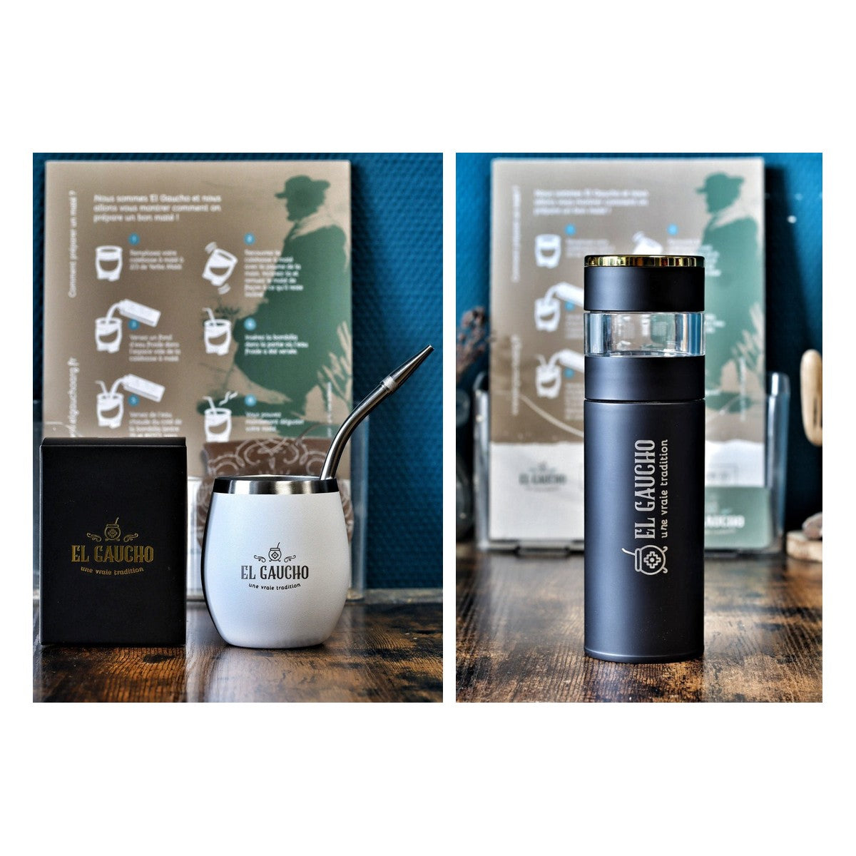 Duo maté Élite Blanc : maté acier inox double paroi 250 ml et bouteille infuseur Gaucho Express 500 ml