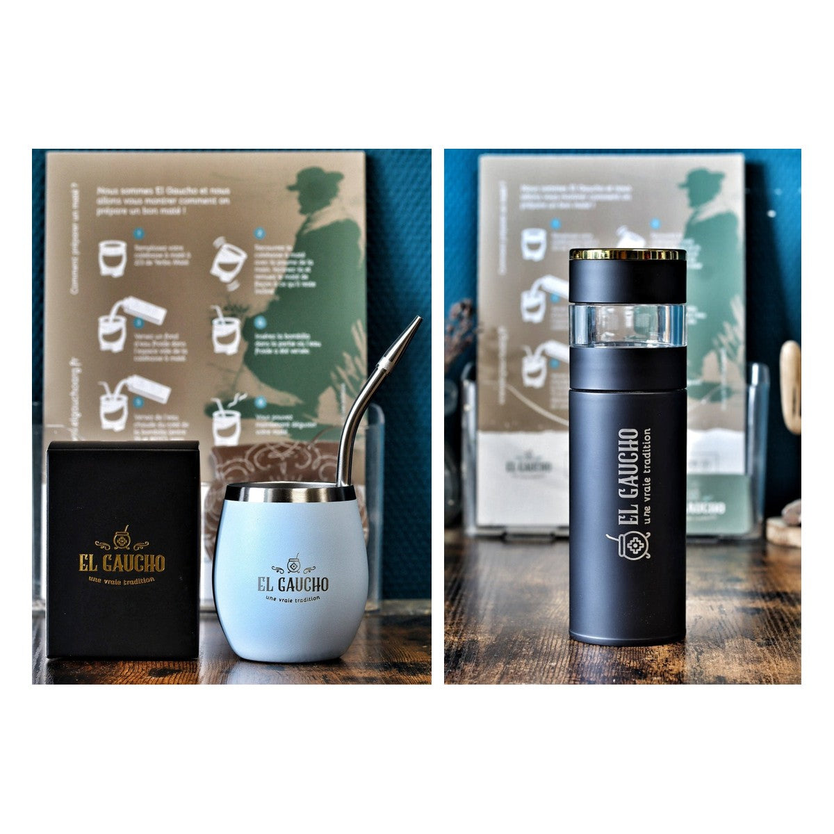 Duo maté Élite Bleu : maté acier inox double paroi 250 ml et bouteille infuseur Gaucho Express 500 ml