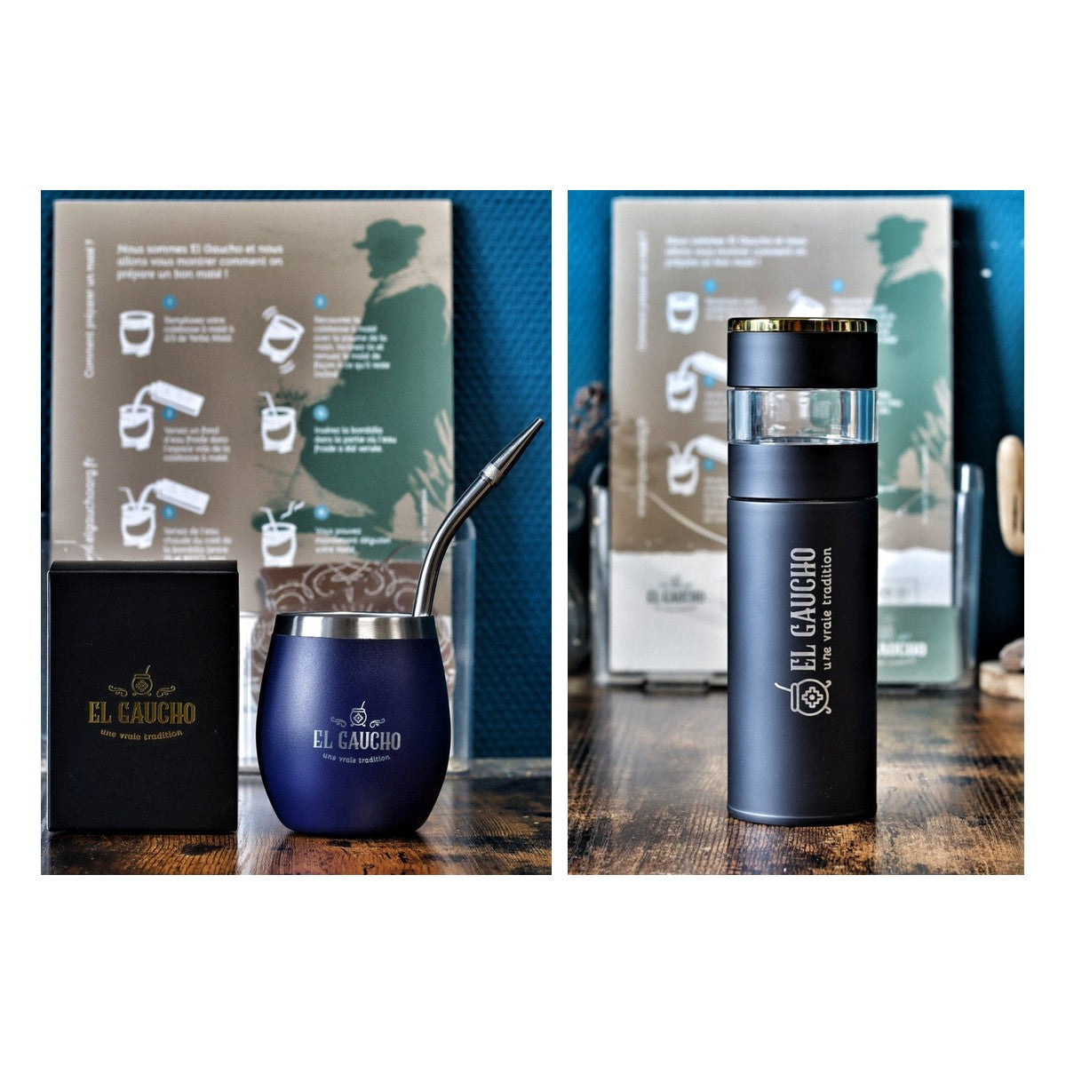 Duo maté Élite Marine : maté acier inox double paroi 250 ml et bouteille infuseur Gaucho Express 500 ml