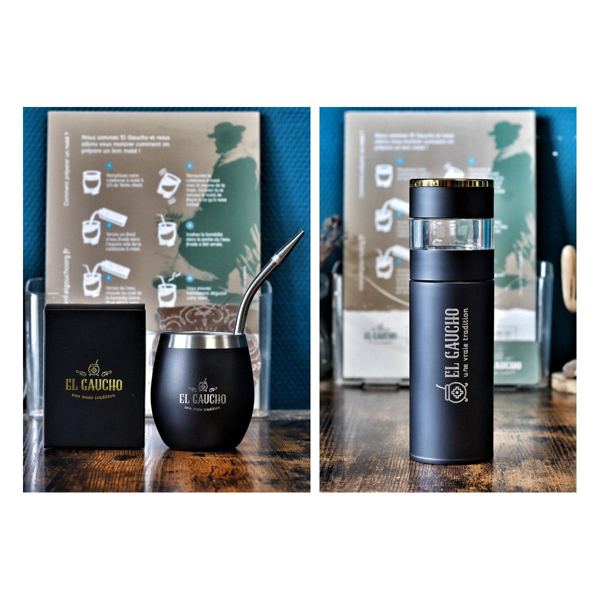 Duo maté Élite Noir : maté acier inox double paroi 250 ml et bouteille infuseur Gaucho Express 500 ml