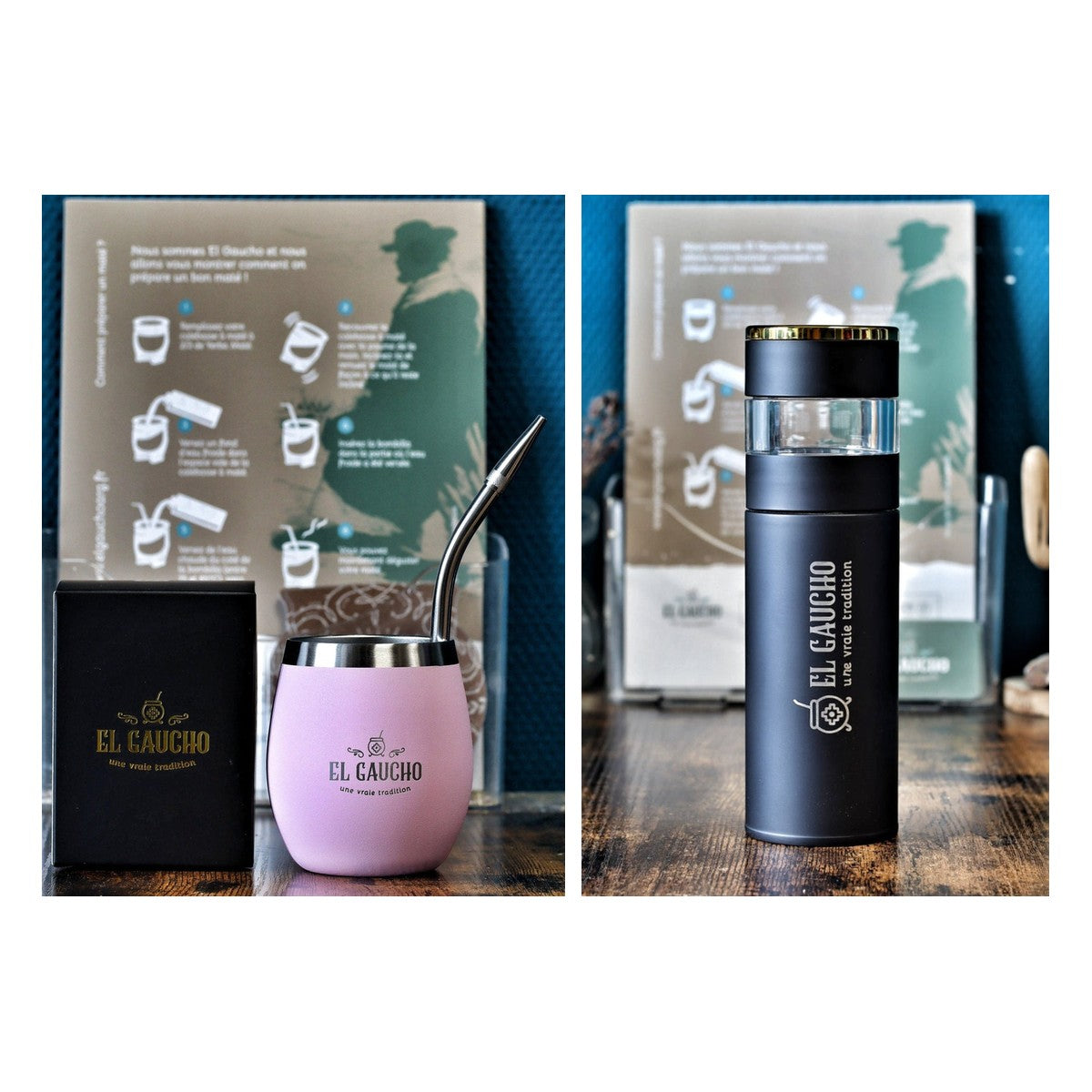 Duo maté Élite Rose : maté acier inox double paroi 250 ml et bouteille infuseur Gaucho Express 500 ml