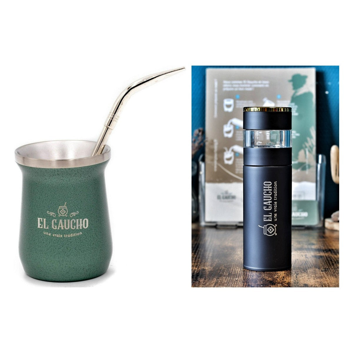 Duo maté Inox Vert : maté acier inox double paroi 250 ml et bouteille infuseur Gaucho Express 500 ml