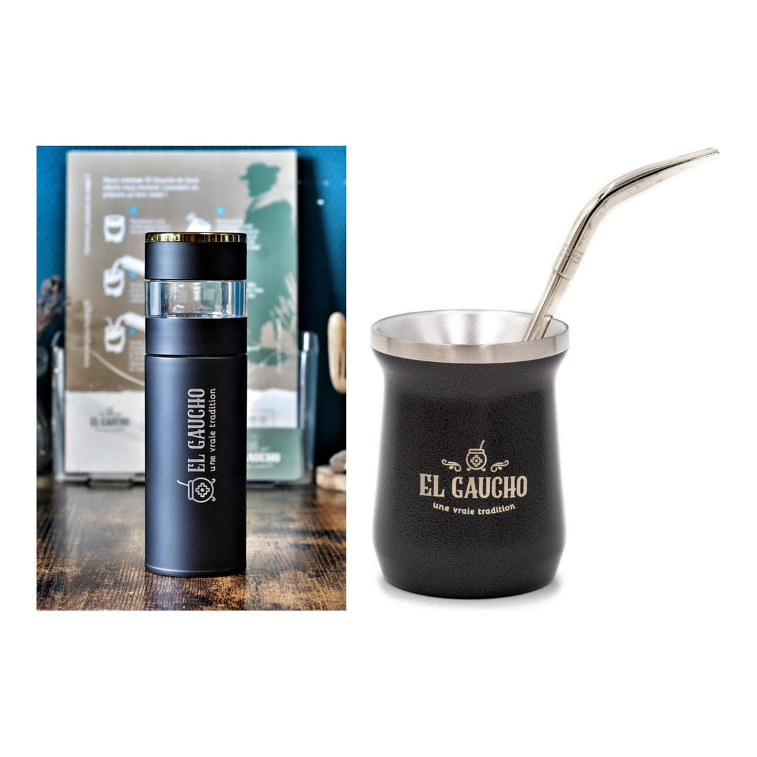 Duo Express Inox : bouteille infuseur 500 ml et maté Gaucho acier inox noir (bombilla incluse)