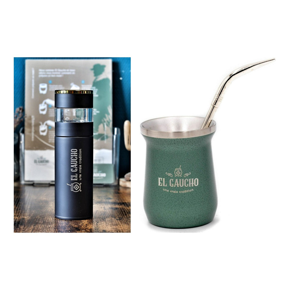 Duo Express Inox : bouteille infuseur 500 ml et maté Gaucho acier inox noir (bombilla incluse)