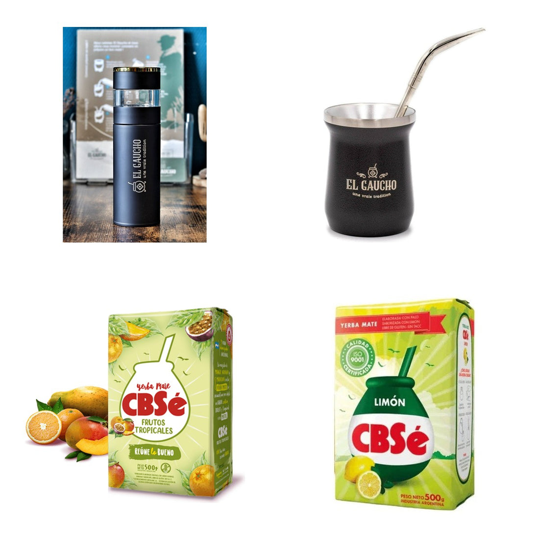Kit Complet Express : bouteille infuseur, maté Gaucho acier inox noir et 2 yerbas CBSé