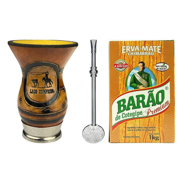 Pack Chimarrão Découverte : cuia sculptée, bombilla Bortonaggio 22 cm et erva Barão Premium