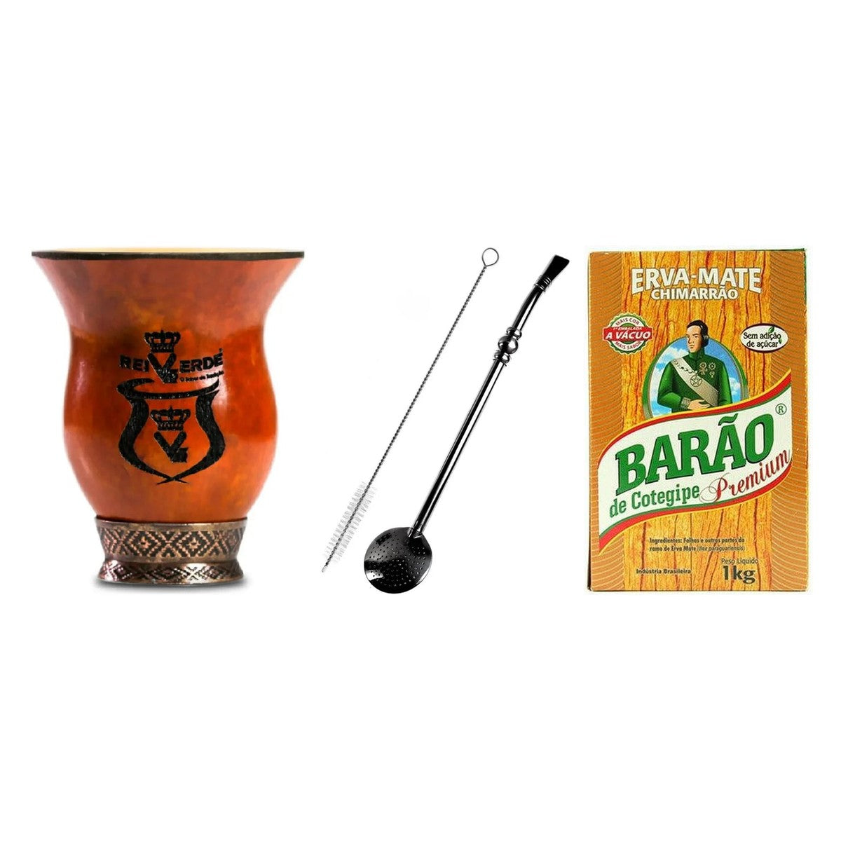Pack Chimarrão Premium : cuia Rei Verde, bombilla démontable avec goupillon et erva Barão Premium
