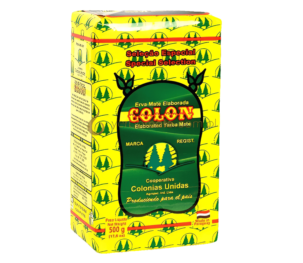 Paquet de 500g Colón Selección Especial yerba mate paraguayenne premium, emballage traditionnel rouge et blanc avec logo coopérative, produit du Paraguay