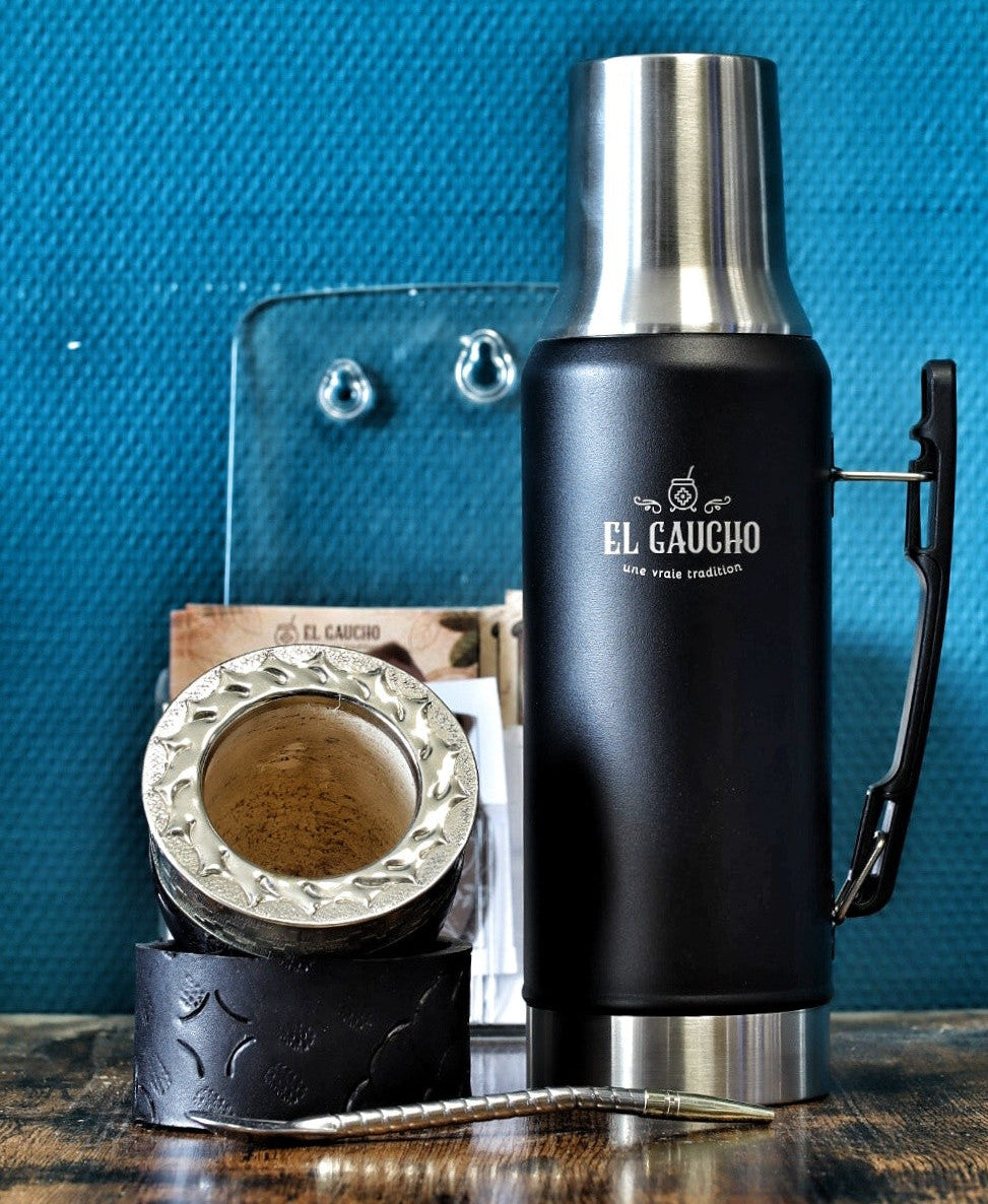 Combo maté Impérial Feuillage au labrado feuillage et cinta pampa, avec bombilla en acier inox et thermo Gaucho 1,2 L noir