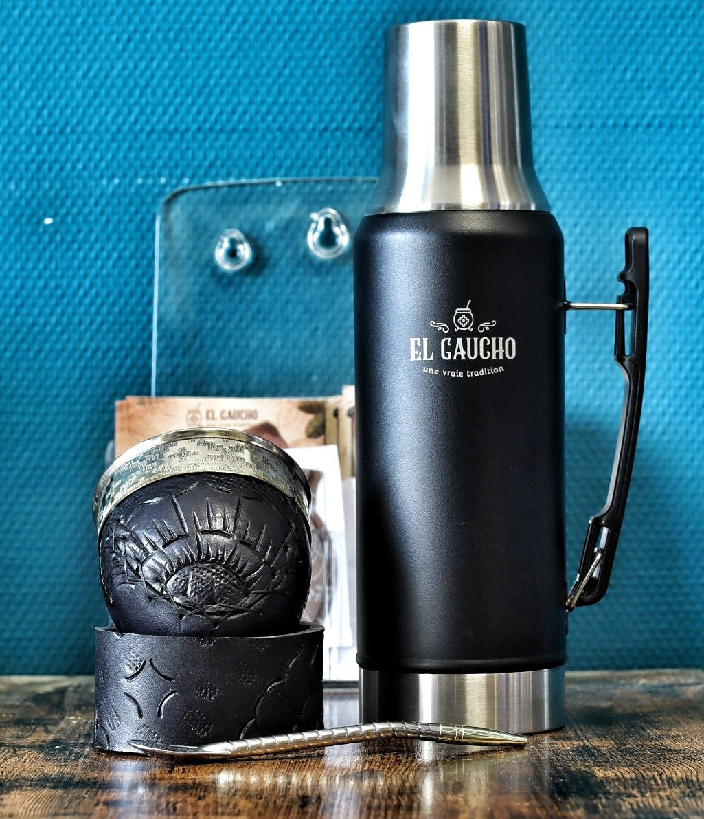 Combo maté Impérial Feuillage au labrado feuillage et cinta pampa, avec bombilla en acier inox et thermo Gaucho 1,2 L noir