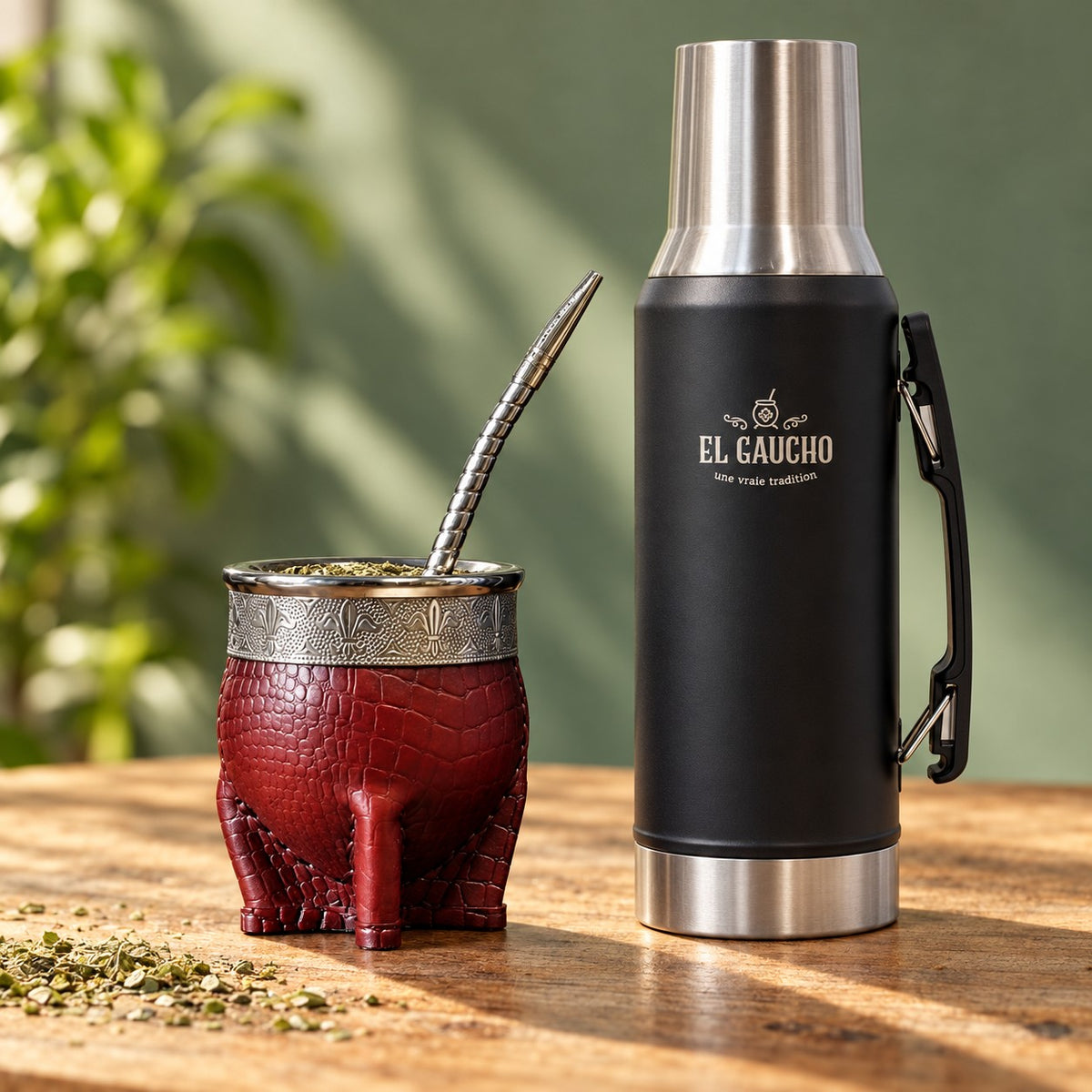 Combo Maté Impérial Deluxe Croco Flor de Lys bordeaux avec bombilla inox et Thermo Gaucho 1,2 L noir, mis en scène