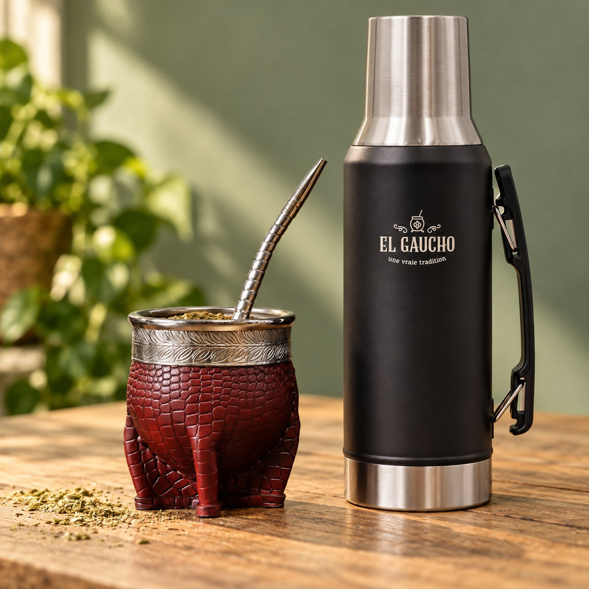 Combo Maté Impérial Deluxe Croco Floral bordeaux avec bombilla inox et Thermo Gaucho 1,2 L noir, mis en scène