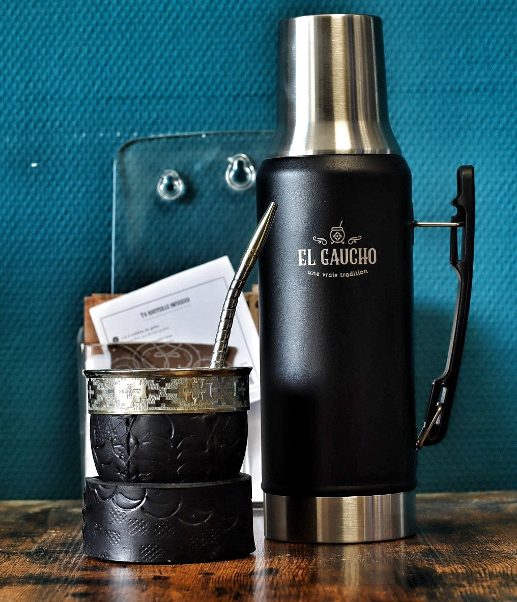 Combo maté Impérial Fusion au labrado floral et virole ciselée, avec bombilla en acier inox et thermo Gaucho 1,2 L noir