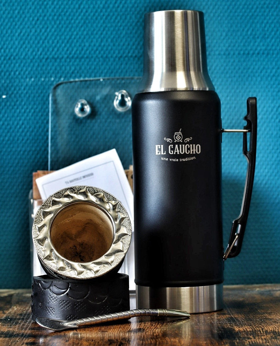 Combo maté Impérial Fusion au labrado floral et virole ciselée, avec bombilla en acier inox et thermo Gaucho 1,2 L noir