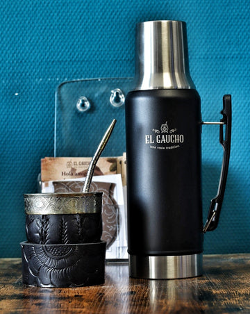 Combo maté Impérial Ligne Abstraite au labrado ligne abstraite et virole ciselée, avec bombilla en acier inox et thermo Gaucho 1,2 L noir