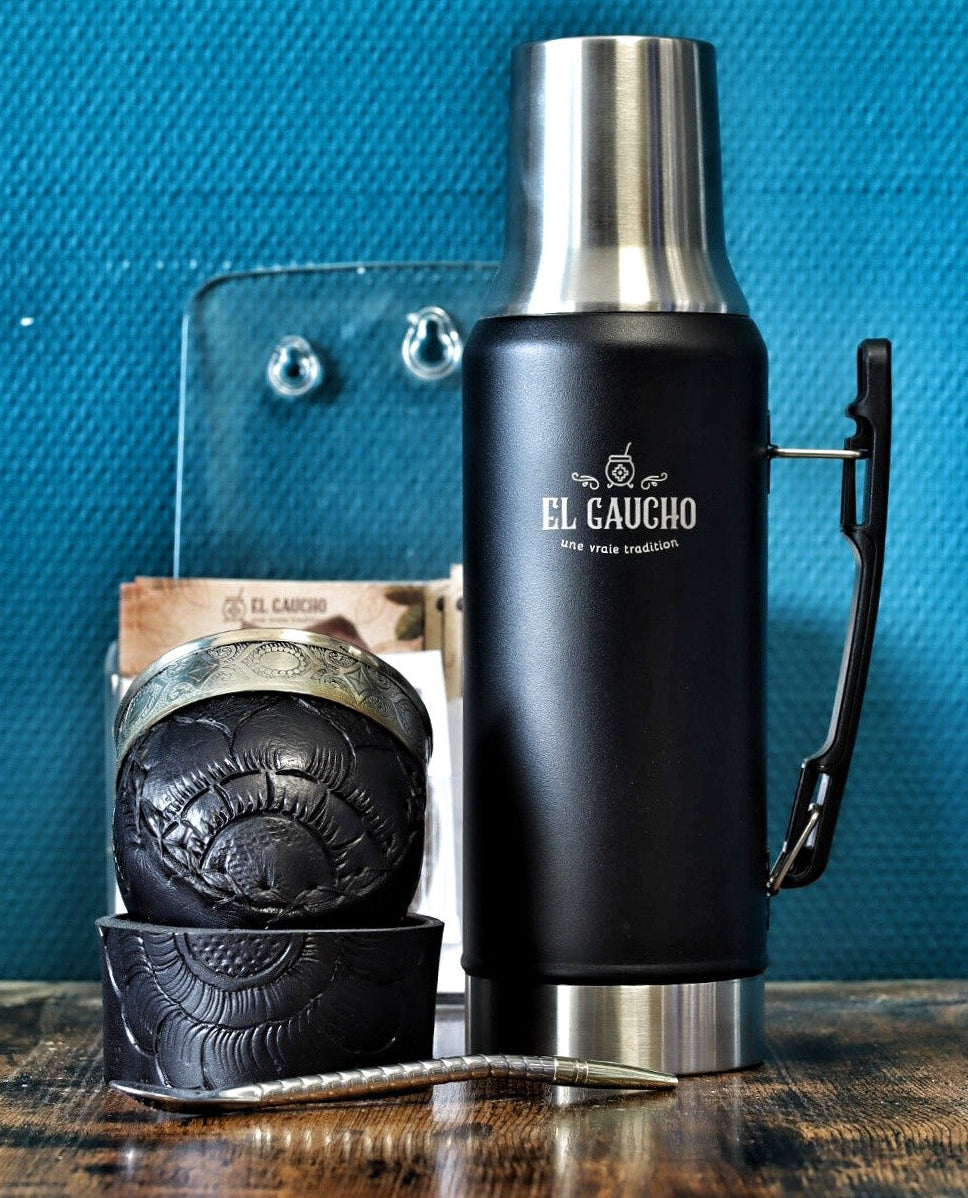 Combo maté Impérial Ligne Abstraite au labrado ligne abstraite et virole ciselée, avec bombilla en acier inox et thermo Gaucho 1,2 L noir