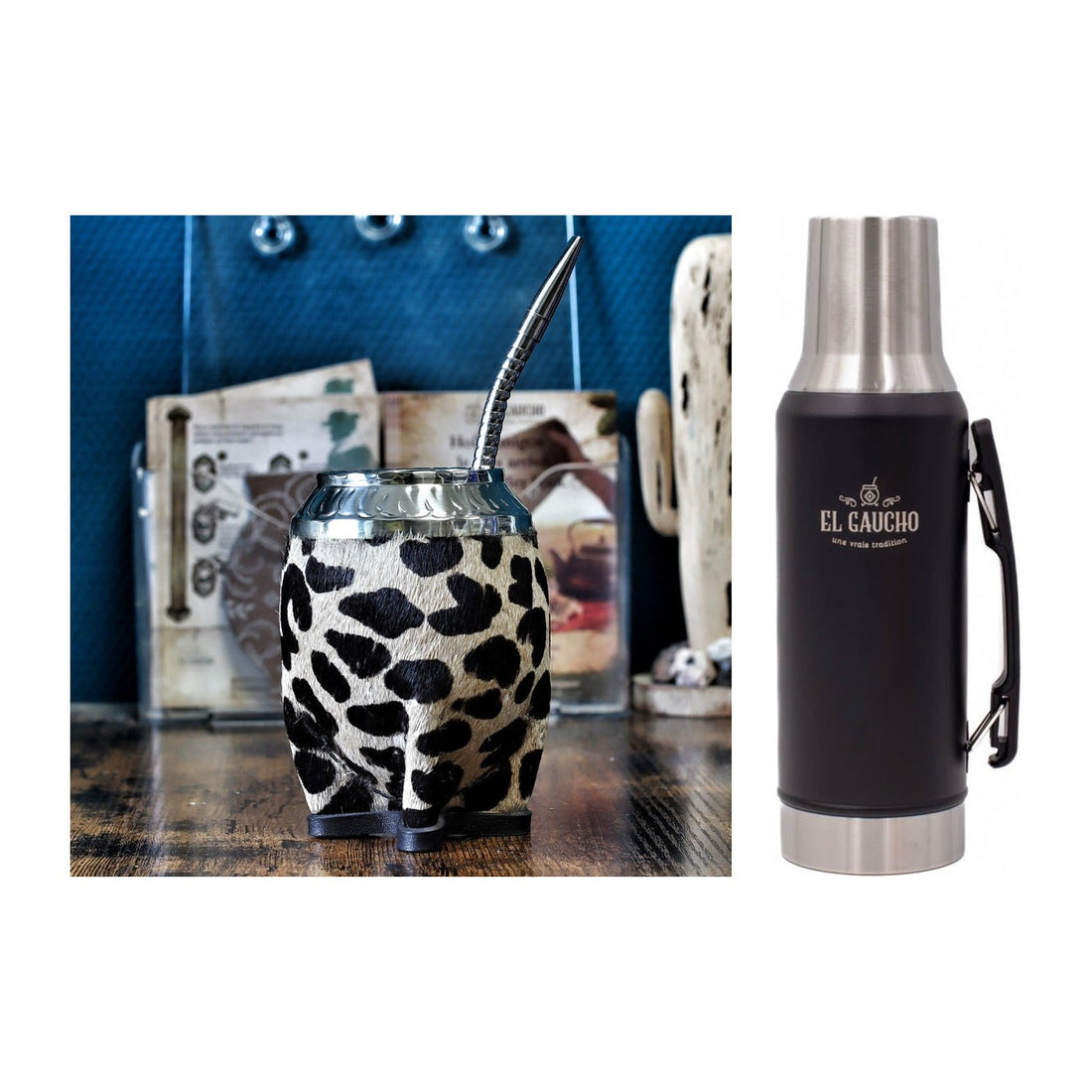 Combo mate torpedo Animal Print Leopard 250 ml en cuir et thermo Gaucho 1,2 L noir