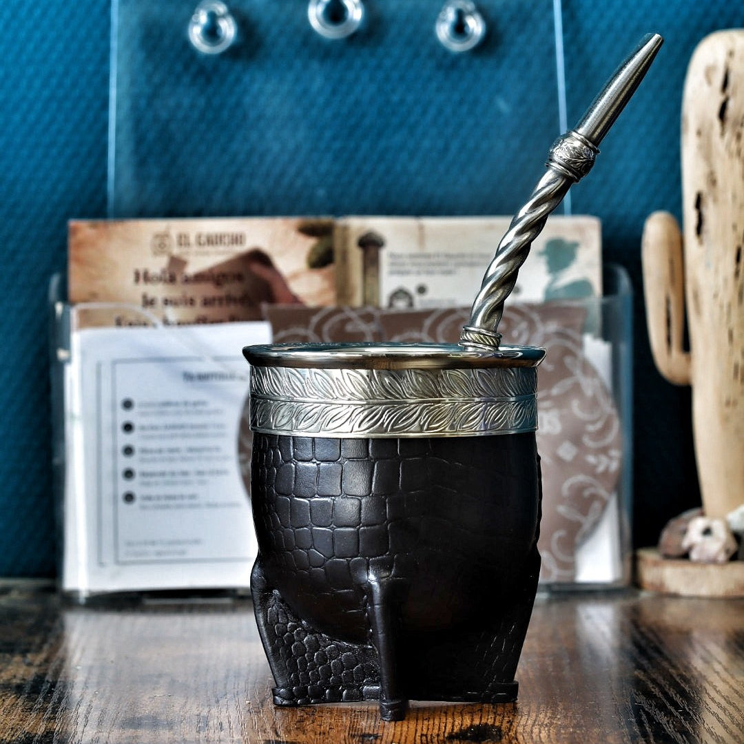 Maté Impérial Croco Noir N°1 avec le Bombillón Magnus alpaca et bronze à tige torsadée