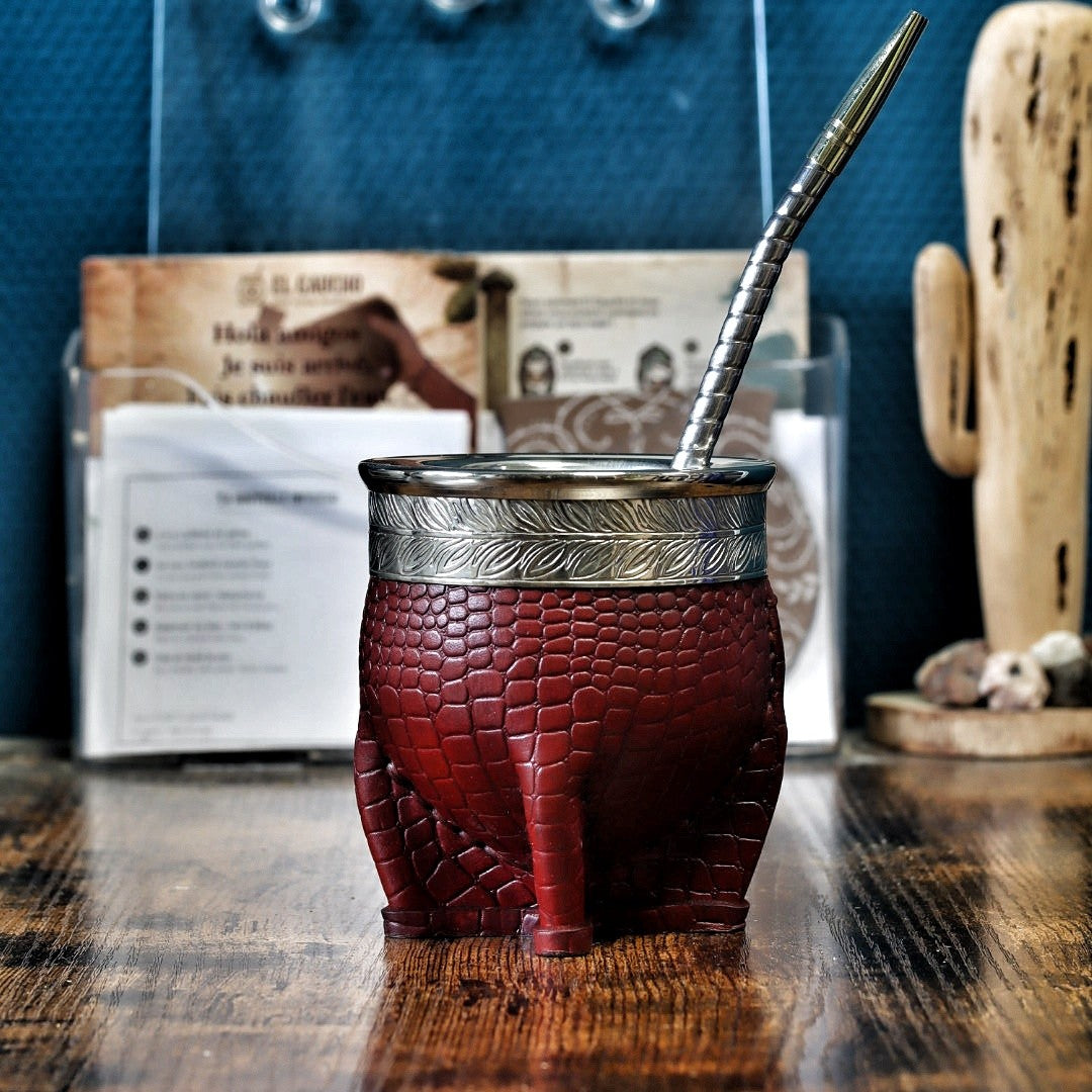 Maté Impérial Deluxe Croco Floral feuillage · bordeaux avec bombilla inox, pour le combo avec Thermo Gaucho 1,2 L