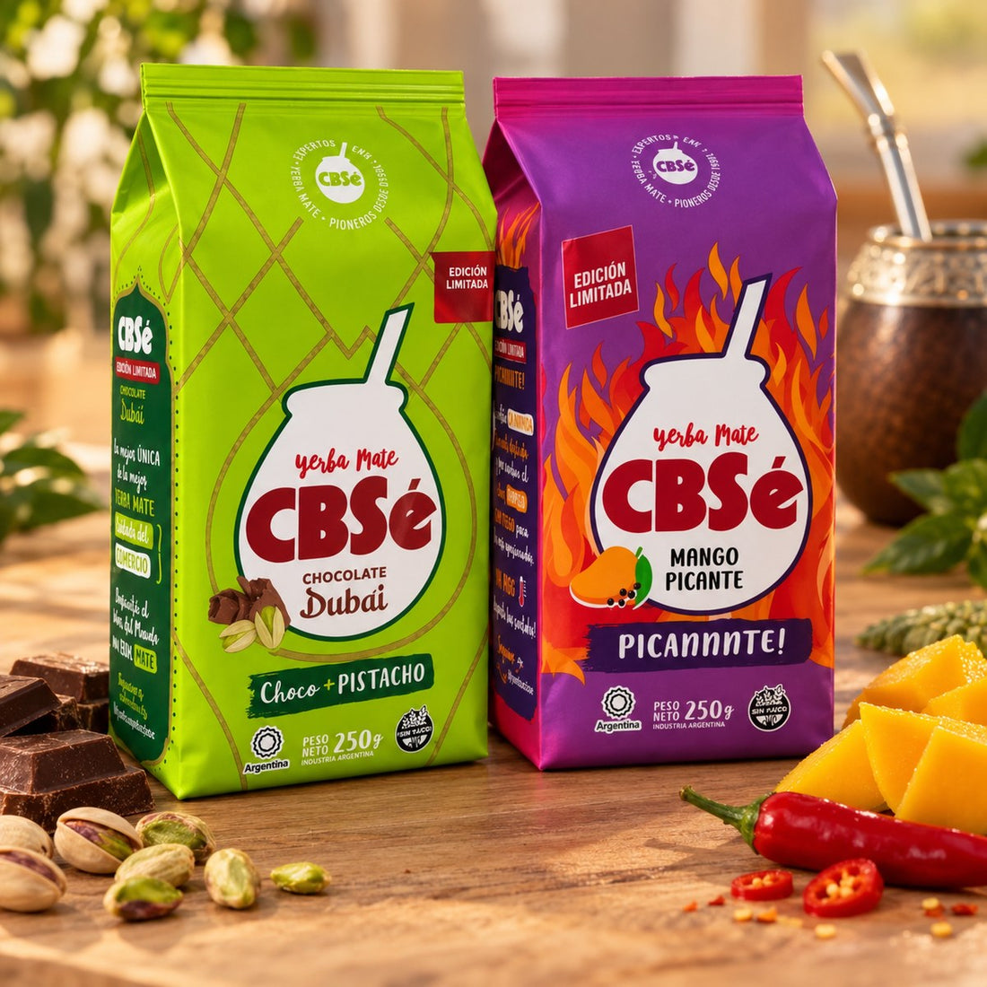 Duo CBSé Chocolat Dubaï et Mangue Piquante 250 g mis en scène, yerba maté El Gaucho