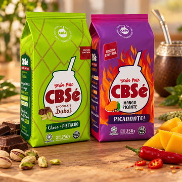 Duo CBSé Chocolat Dubaï et Mangue Piquante 250 g mis en scène, yerba maté El Gaucho