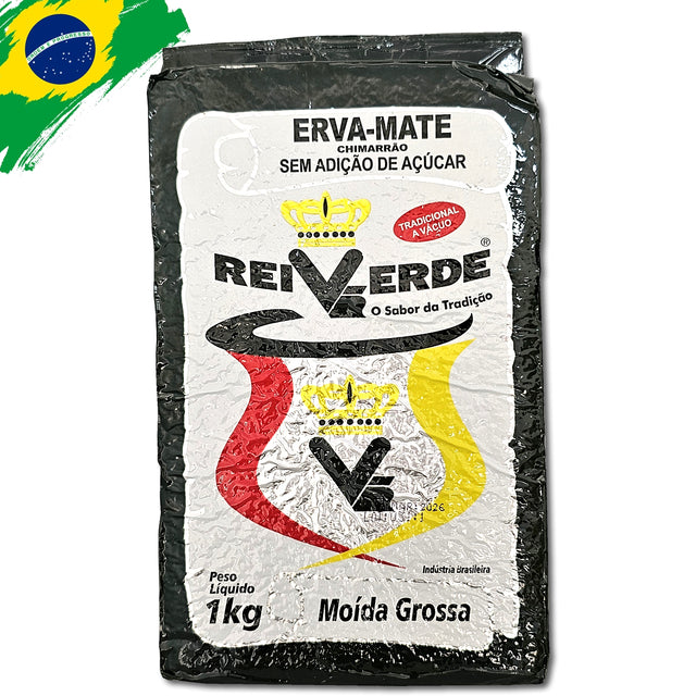 Erva Mate Rei Verde Moida Grossa 1kg. Yerba mate du sud du Brésil avec une saveur unique. Emballage laminé pour une conservation optimale au réfrigérateur