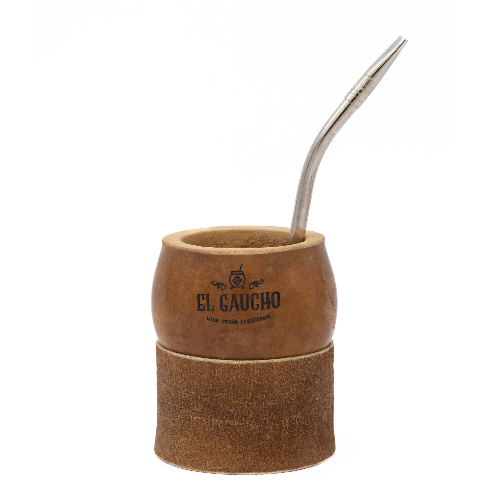 Ensemble maté Rustique Criollo avec calebasse en bois gravée El Gaucho, sous-verre en cuir brut et bombilla inox.
