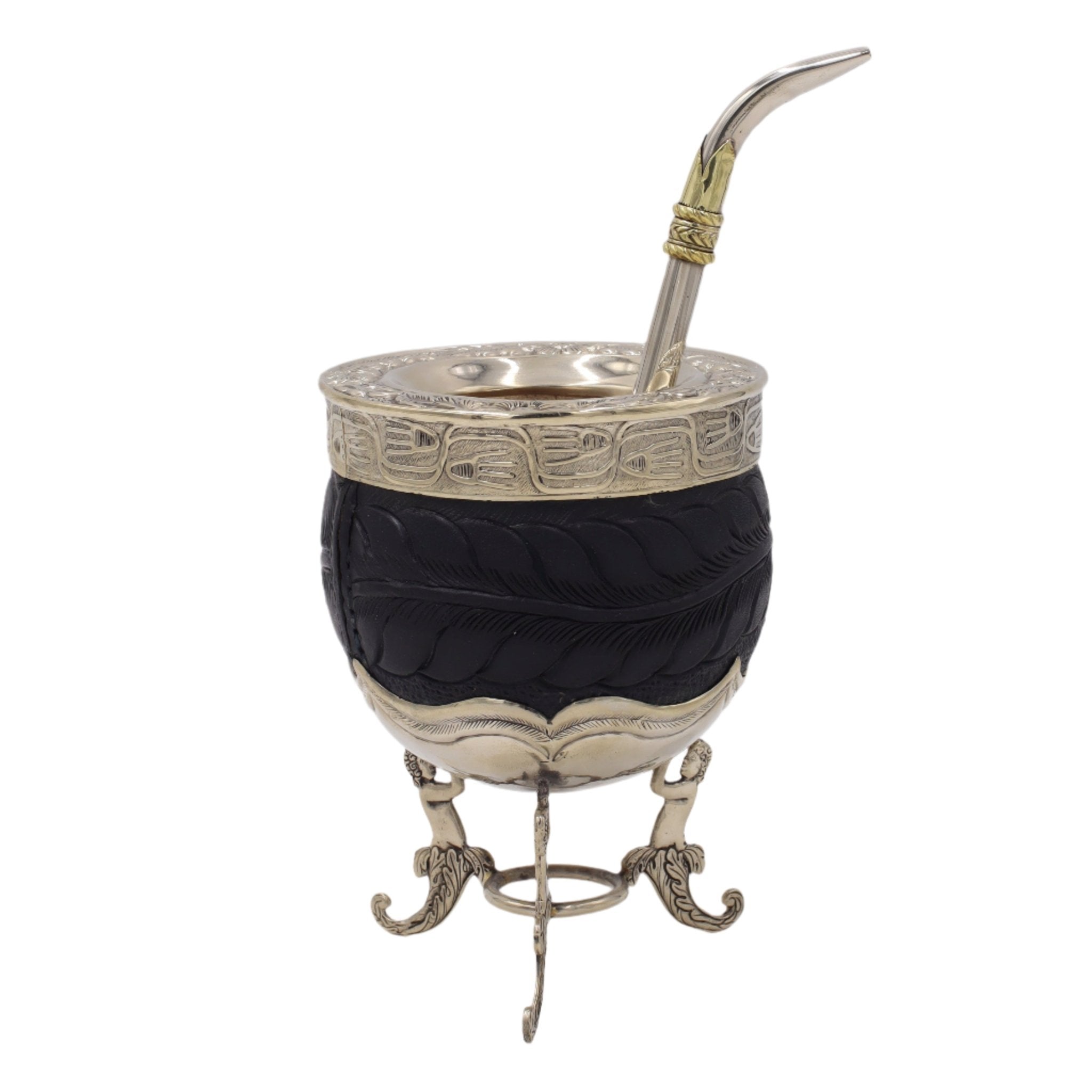 Neptune noir sur trépied, bombilla courbée, virole argent ciselée.