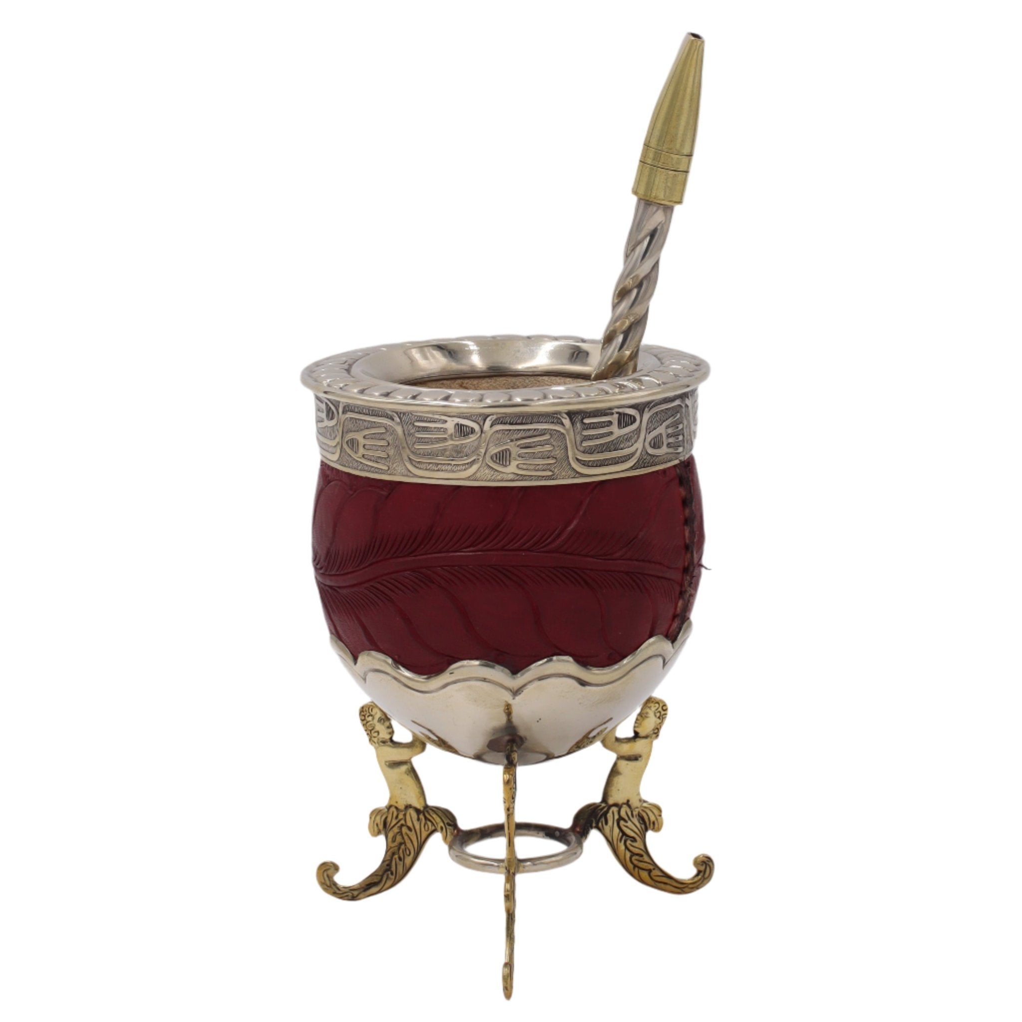 Neptune rouge sur trépied, bombilla torsadée, virole argent gravée.