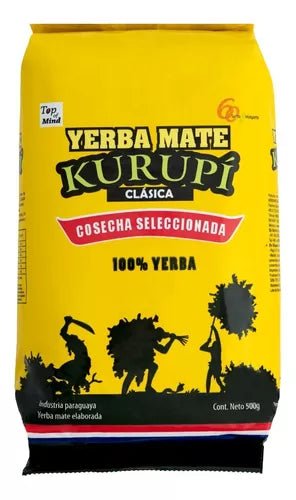 Paquet de 500g Kurupi Clásica yerba mate paraguayenne traditionnelle, emballage rouge et blanc avec logo traditionnel, 12 mois de maturation, produit du Paraguay