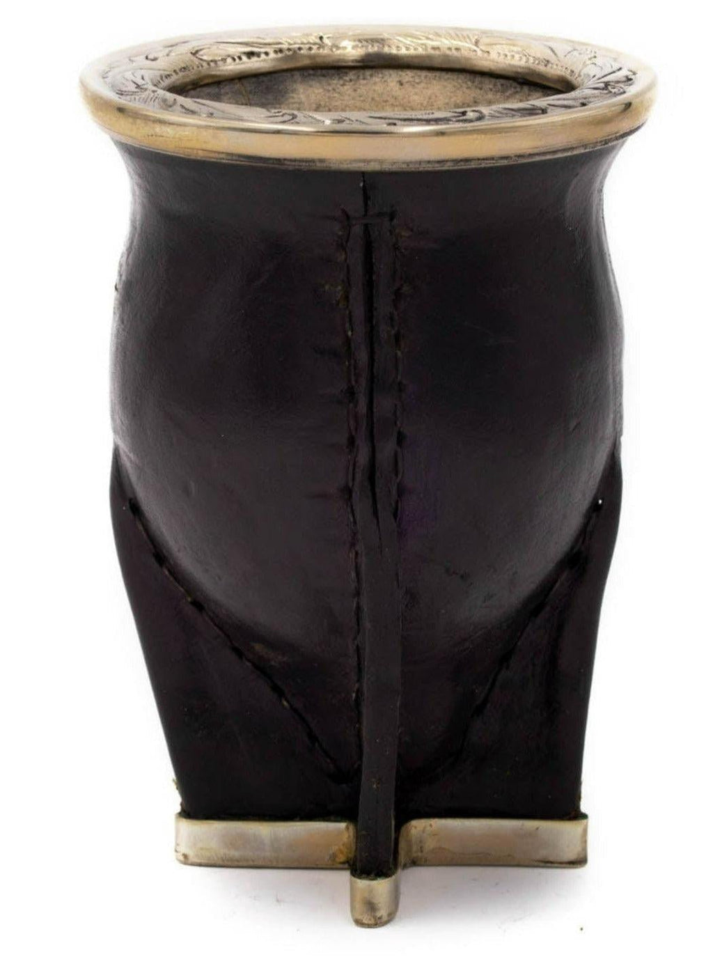 Mate Camionero cuir noir, virole en alpaca ciselée, base en croix (vue avant).