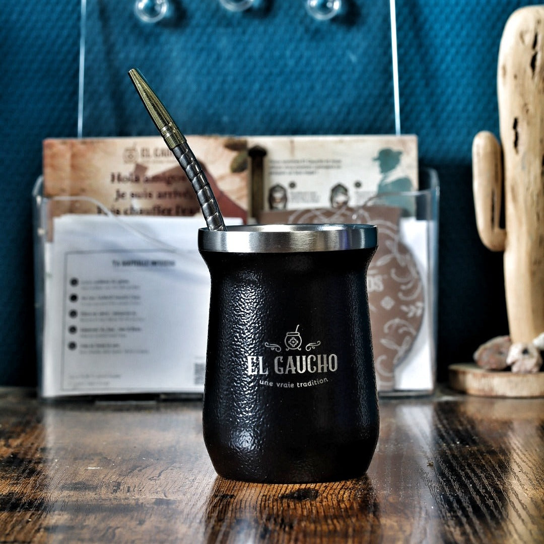 Dos du Mate Gaucho Inox Édition Buenos Aires : logo El Gaucho « une vraie tradition » gravé au laser