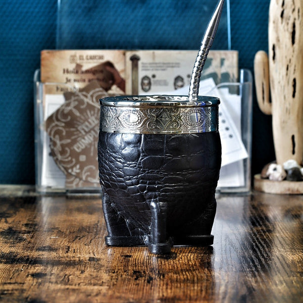 Maté Impérial Croco Noir — Double Cuir & Cinta Abstraite N°3