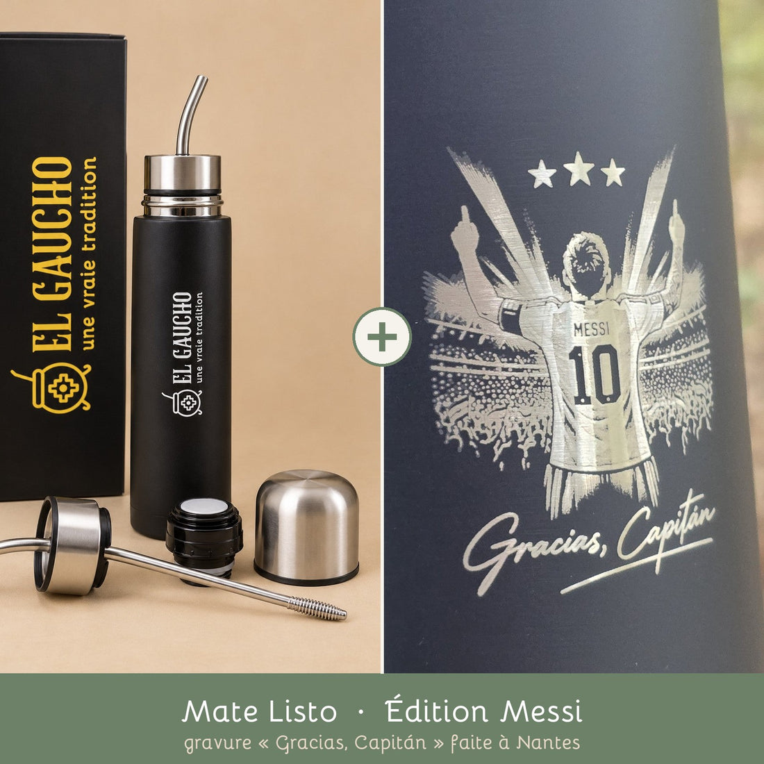 Mate Listo El Gaucho noir et sa boîte, à côté de la gravure laser « Gracias, Capitán » (ici sur notre bouteille infuseur noire) : le 10 de dos, bras levés, trois étoiles