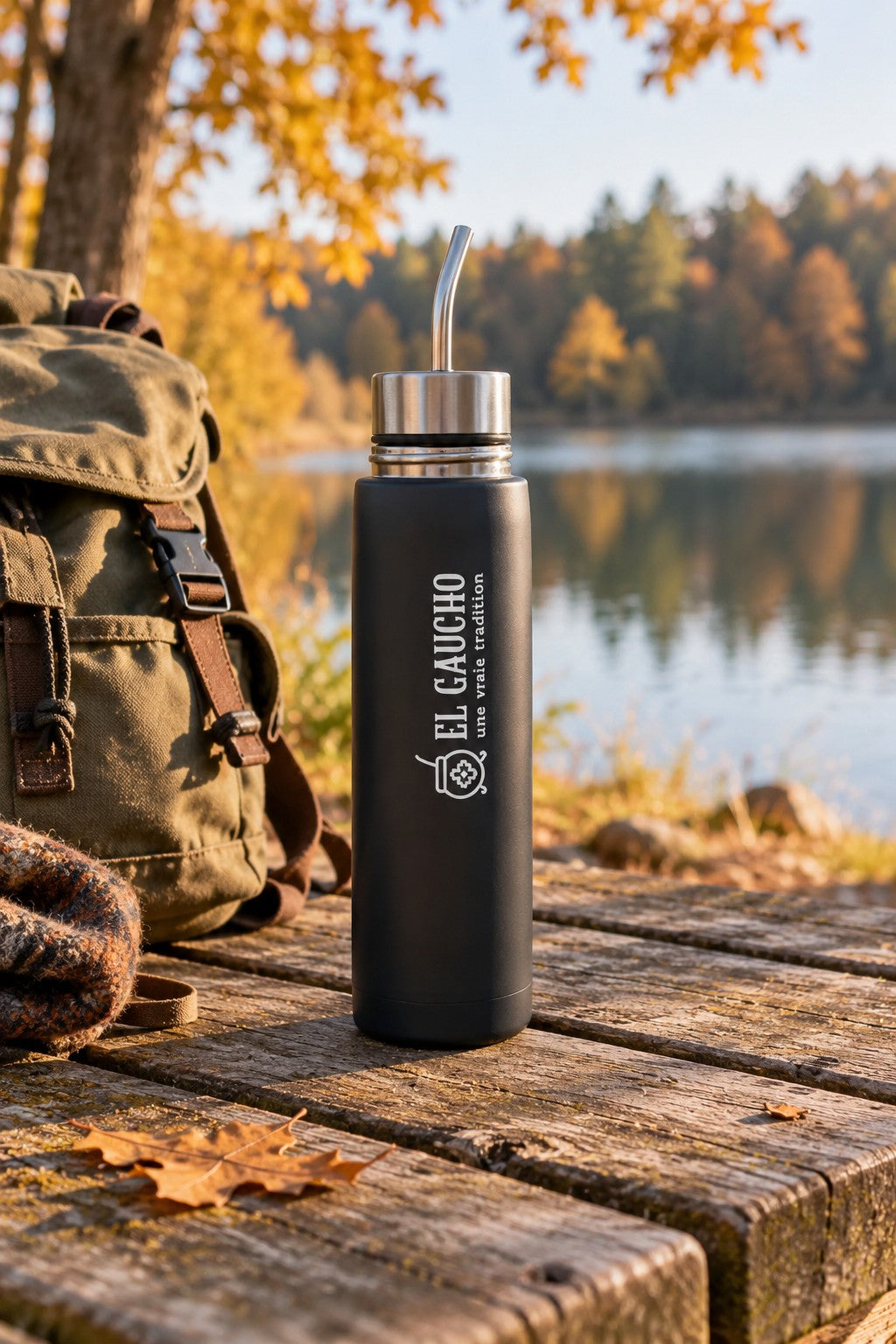 Mate Listo El Gaucho sur une table en bois au bord d'un lac en automne, à côté d'un sac à dos