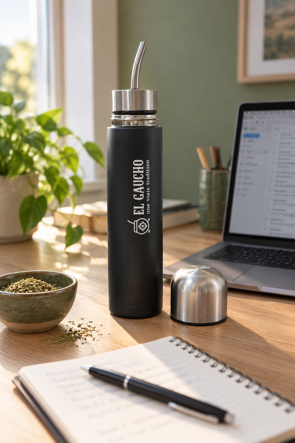 Mate Listo El Gaucho sur un bureau en bois à côté d'un ordinateur portable et d'un bol de yerba maté