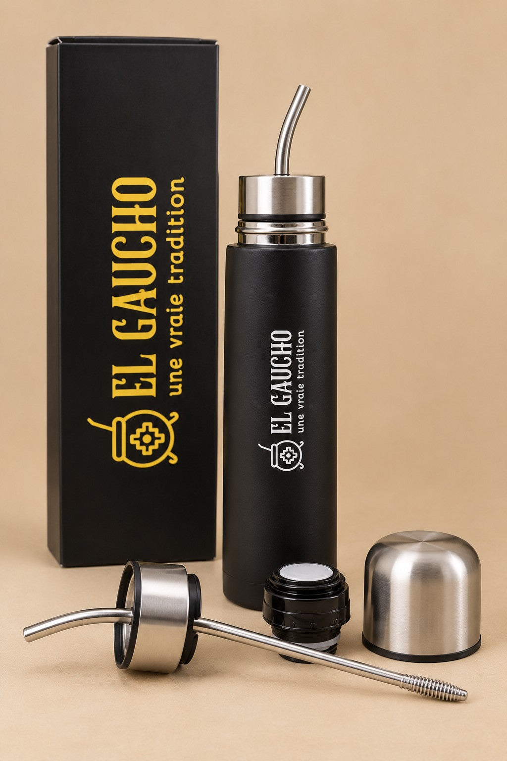 Mate Listo El Gaucho : thermos noir 500 ml avec couvercle-bombilla, bouchon thermos, tasse en inox et boîte El Gaucho