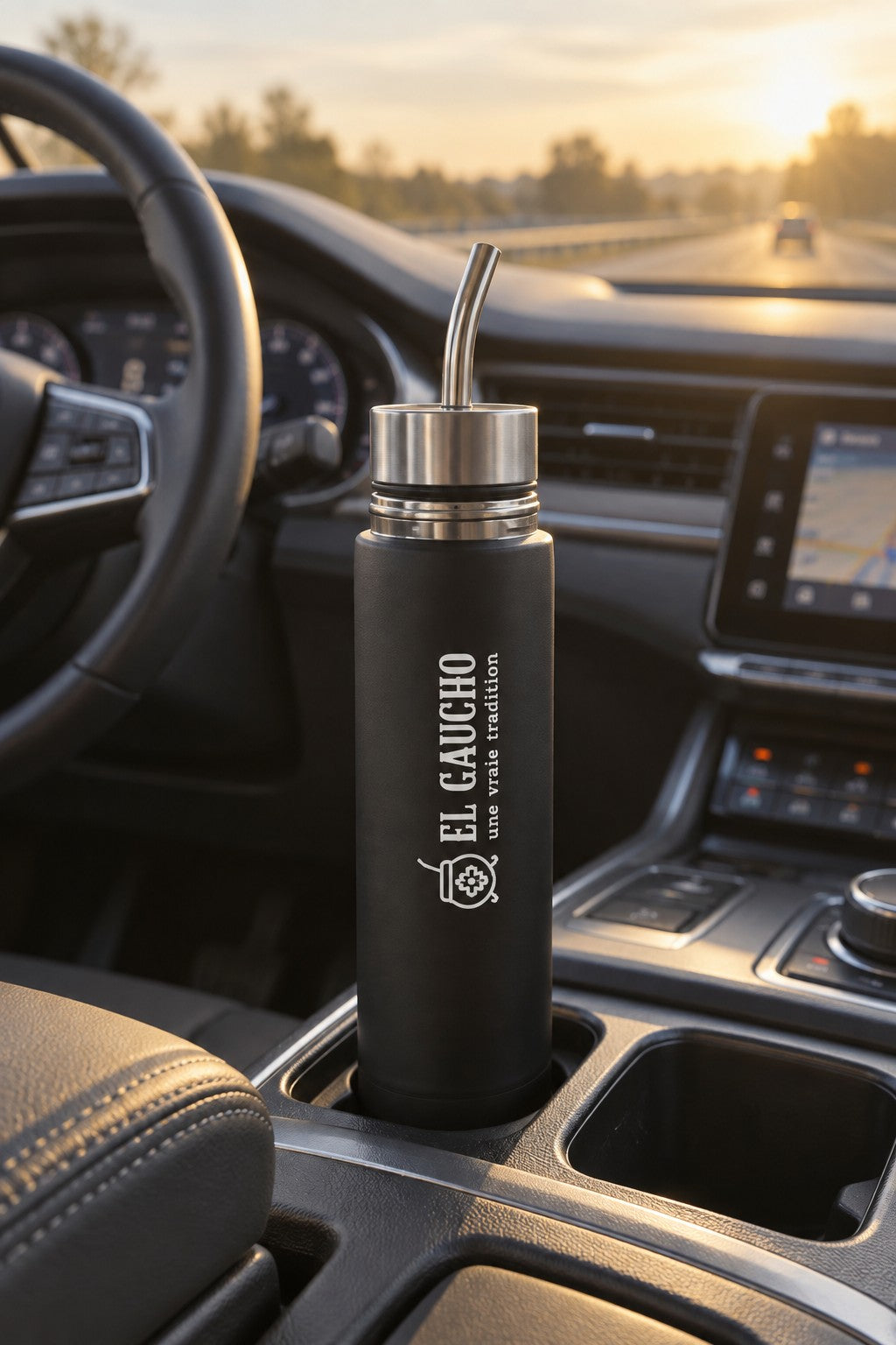Mate Listo El Gaucho dans le porte-gobelet d'une voiture, bombilla en inox à portée de main