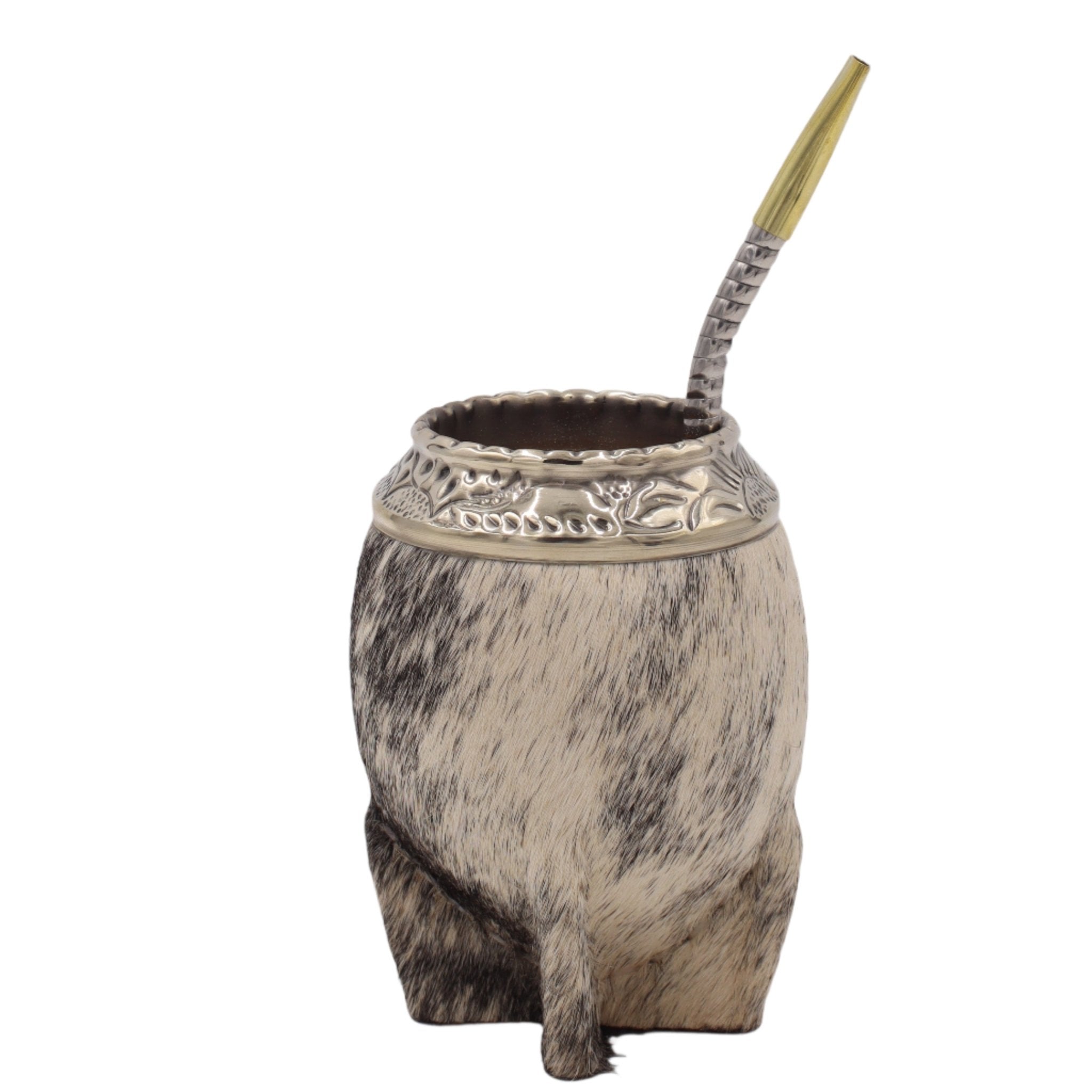 Mate torpedo cuir poil naturel en double cuir artisanal – El Gaucho, une vraie tradition, détail authentique de la virole et du travail artisanal avec un bombilla inox