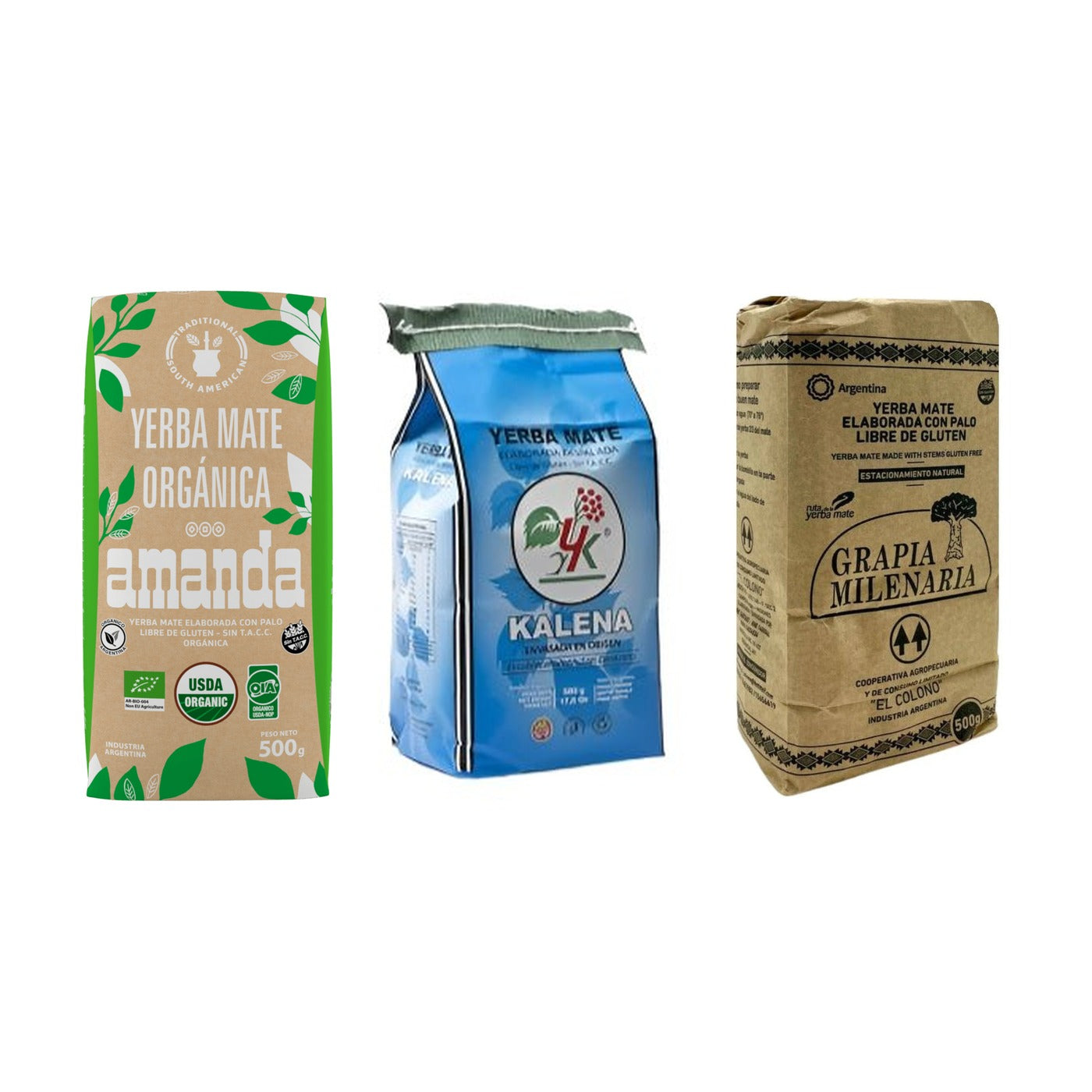 Pack bio : yerbas Amanda Organica, Kalena Despalada et Grapia Milenaria, 500 g chacune
