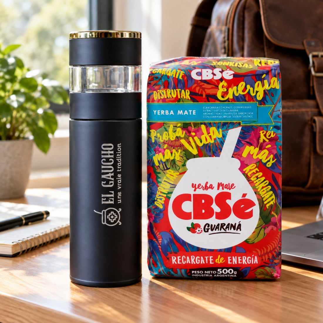Pack bouteille infuseuse Gaucho Express avec 3 yerbas CBSé : Energía Guaraná, Frutos del Valle et Hierbas Serranas