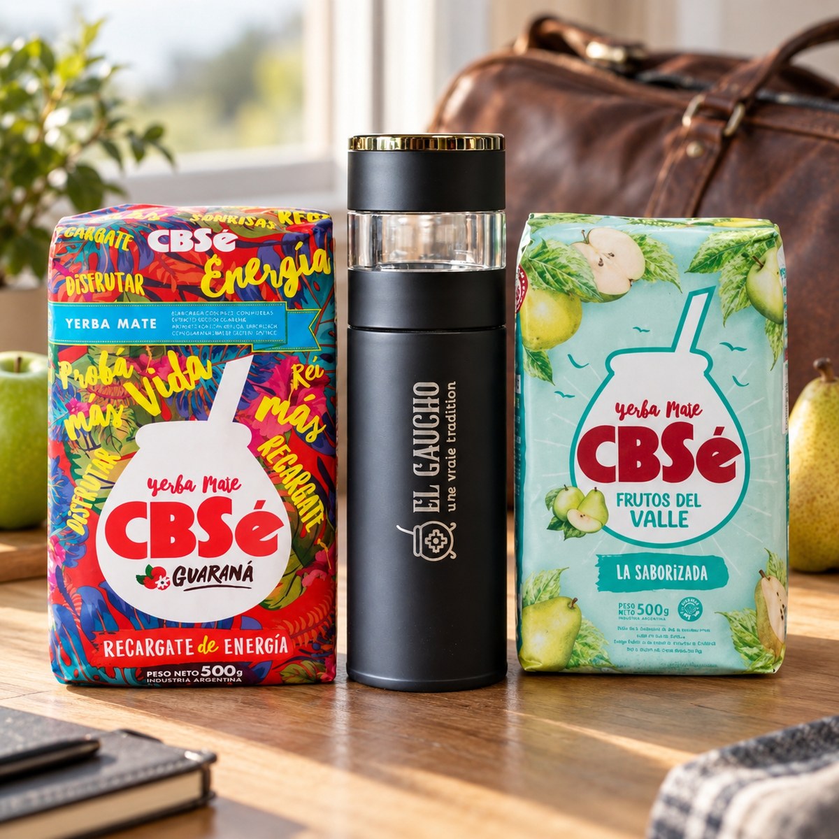 Pack bouteille infuseuse Gaucho Express avec CBSé Energía Guaraná et Frutos del Valle, prêt pour le voyage