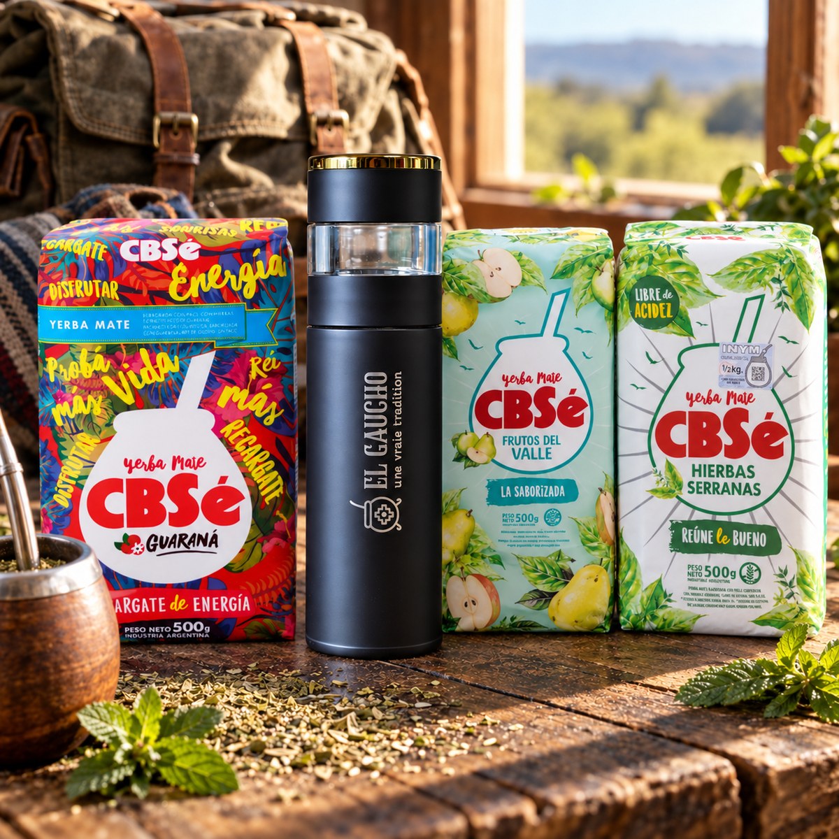 Pack bouteille infuseuse Gaucho Express avec 3 yerbas CBSé : Energía Guaraná, Frutos del Valle et Hierbas Serranas