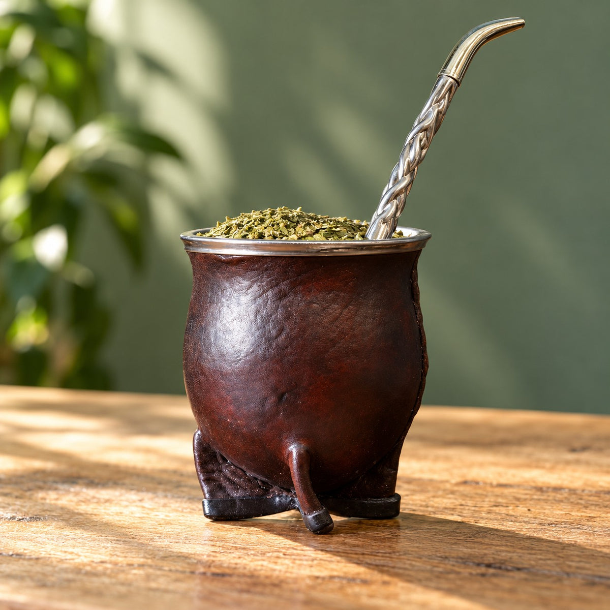 Pack maté camionero en courge et cuir marron avec le bombillón Pico de Loro en alpaca et bronze, mis en scène