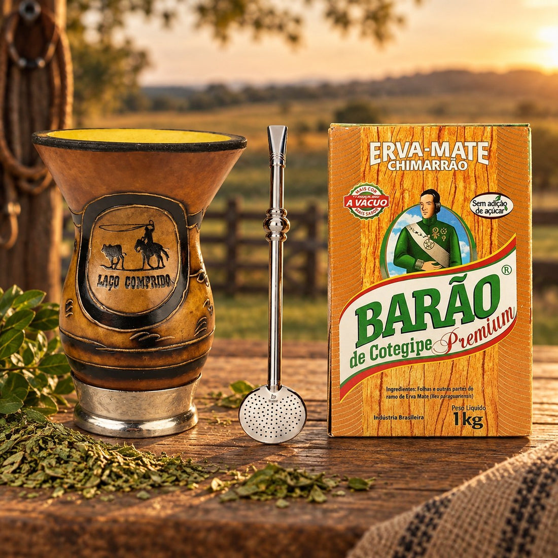 Pack Chimarrão Découverte : les produits du pack mis en scène, yerba maté El Gaucho